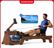 MERACH Rameur à Eau Bois Massif HQ, Bluetooth Support Tablette, Charge Max 150kg