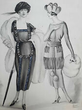 MANTEAU ROBE Femmes Elegantes DESSIN ORIGINAL PLUME Mode ART DECO ca 1920