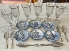 6 Vintage French Absinthe Glasses Heavy with Spoons and Saucers