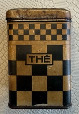 Ancienne boîte à thé – Motif damier Art Déco – Métal lithographié – Années 1920