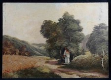 Ecole française signée Huile sur panneau 50 x 70 cm oratoire dans la montagne