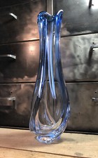 Grand Vase Torsadé Bleu Cristal Val St Lambert H 37,7 Cm