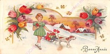 MIGNONETTE Carte ancienne Bonne année fille chien traineau