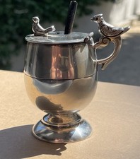 Moutardier Aux Oiseaux Argent Massif  Avec Sa Verrine Et Sa Cuillère En Corne