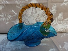 Portieux  panier bicolore  George Sand  verre moulé bleu et jaune 14cm haut