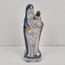 Statuette,Vierge À L'enfant, Faïence, Bleu, Rennes, Bretagne, 19ÈME. 