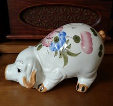 Vintage Très Joli Grand Cochon Tirelire Céramique Poterie Décor Floral TBE