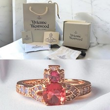 Vivienne Westwood Rose Gold Orb Ring – Red Crystal & White Stones – Size EU 57 /