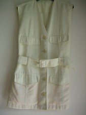 Tunique Saharienne T 42 Sans Manches Boutonnée Ceinture 55% Lin Ecru Vintage