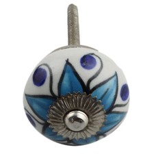 Bouton de meuble en céramique Poignée de porte Fleur 03 bleu argent