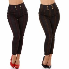 Femmes Haut Taille Pantalon en Tissu Legging Push-Up à Carreaux à Plis Skinny