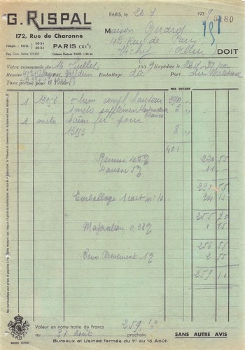 Facture 1939 rispal - rispal, a