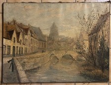 TABLEAU ANCIEN AMIENS LA TOUR PERRET HUILE SUR TOILE SIGNEE A RESTAURER