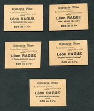 Lot de 5 cartons de nécessité "Epicerie Fine - Léon Raque à Pontarion (Creuse)