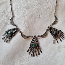 Ancien Collier Filigrane Argent Massif Yemenite - Pierres D'éclat Ou Malachite