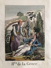 Très Rare gravure ancienne Costumes Mode Habits de Grèce 1820 Art XIXème Vintage