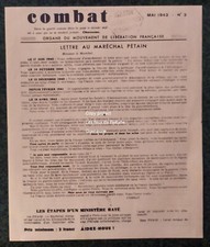 Journal COMBAT LIberation de la FRance lettre à Pétain 1942 fac similé
