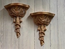 Pair Gold Painted Cast Resin Wall Shelves Drape Tassel Neoclassical