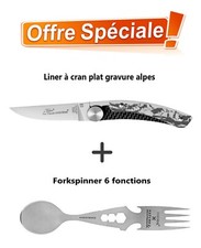 Claude Dozorme : Couteau Le Thiers Jero Liner gravure Alpes + Fork spinner