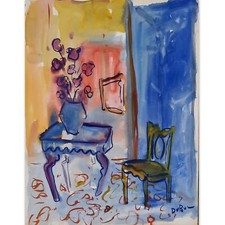 DUBUC Roland (1924-1998) "Fleurs/Salon" - Grande Gouache/Papier - 65x50 cm