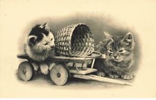 CHATS #MK39983 DEUX CHATS JOUET CHARETTE EN BOIS