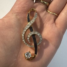 Broche Clé De Sol Noire Dorée Avec Strass Blanc Bijoux Fantaisie