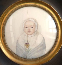 Dessin peinture miniature portrait d'enfant bébé Ancien 19e siècle baby painting