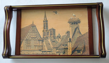 Plateau de service vintage Strasbourg bois verre et laiton rectangulaire