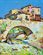 PASTOUR Louis (1876-1948) «Lavandières sous le pont de Sospel »  Provence Menton