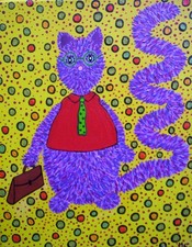 mélanie carrouër art naïf  " chat studieux " acrylique sur toile 24X30 signée