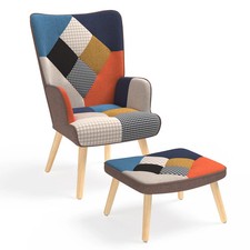 Fauteuil scandinave IVAR avec repose pieds en tissu patchwork multicouleurs et i