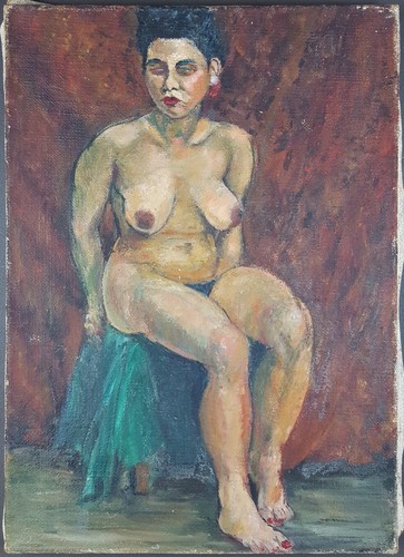 Ancien tableau assis - "nu, assis"