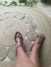 Gemo 39 Sandales CUIR Chaussures plates sandalettes Femme Été Marron Doré