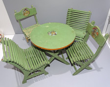 -ANCIEN SALON POUPEE BOIS PEINT 1 TABLE RONDE 2 CHAISES PLIANTES 2 FAUTEUILS  D