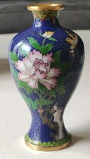 Vase Chinois JINGFA, laiton émaillé cloisonné - Motifs floraux/Oiseau. Haut 19cm