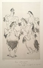 Cécile REIMS - Les payans transformés en poules. 1959 Gravure originale, signée.