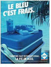 PUBLICITE ADVERTISING 054  1982  CAMPING GAZ   glacière LE BLEU EST FRAIS