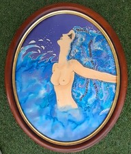 Tableau Ovale Encadré Huile Sur Tissu Portrait de Femme aux Seins Nus