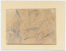 DESSIN XXème ESQUISSE GROUPE DE 3 FEMMES EN COSTUME FOLKLORIQUE 