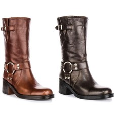 Botte Biker Femme Tan À Talon Bas Hauteur Mollet Justinreess Angleterre UK 3 - 8