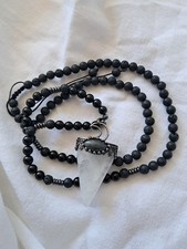 Collier Pierres Quartz Labradorite Obsidienne Lave Bohême Inde Vintage Tibétain