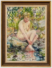 Huile du XXe siècle, baigneuse dans la piscine rocheuse