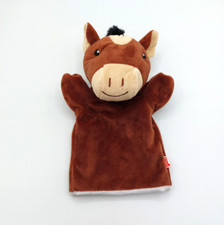 Doudou peluche marionnette cheval marron beige noir GOKI yeux brodés