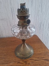 Lampe à huile ancienne pied laiton - récipient en verre