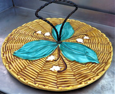 ANCIEN PLATEAU CERAMIQUE SIGNEE VALLAURIS DECOR MUGUET ET POIGNEE FER FORGé