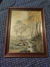 RENO ancien tableau huile sur bois signé RENO BERGERE PROMENADE AU BORD DE L EAU