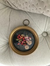 19⚜ Ancien Petit Cadre Médaillon Verre Bombé Fleurs Séchées Vintage Authentique