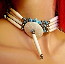 W365 / COLLIER CHOKER AMERINDIEN / OS, TURQUOISE, PERLES METAL