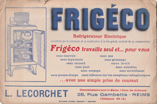 P119 ANCIEN BUVARD RARE  FRIGECO Réfrigérateur Electrique vendu LECORCHET REIMS