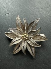 Ancienne Broche En Argent Massif Art Déco fleurie ethnique 